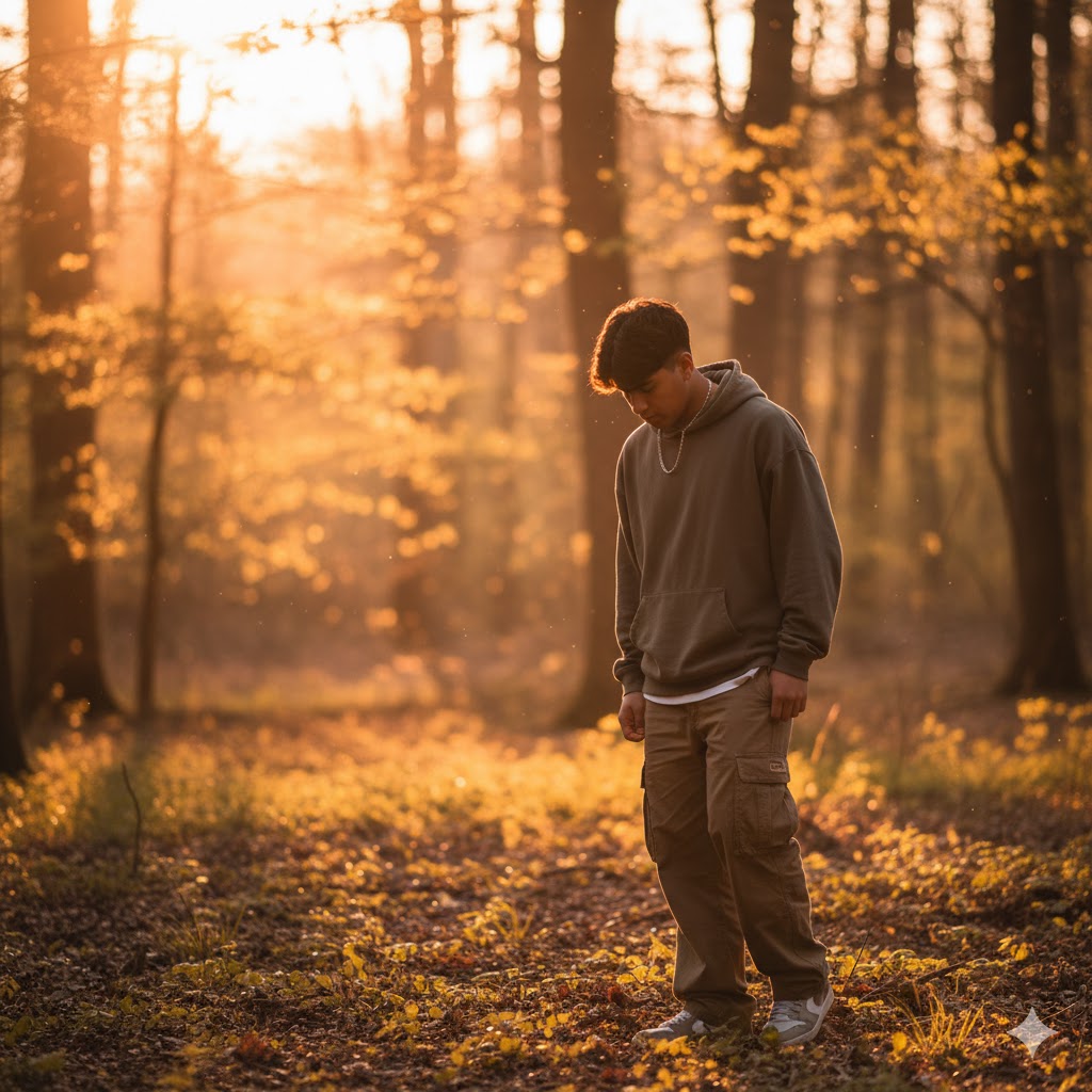 A photorealistic wide shot of a teen Latin teen in street style clothing, looking down thoughtfully, set in sunlit forest. The scene is illuminated by golden hour sunlight, creating a warm and peaceful atmosphere. Captured with a DSLR camera and 50mm f/1.8 lens, emphasizing soft background bokeh. --ar 16/9