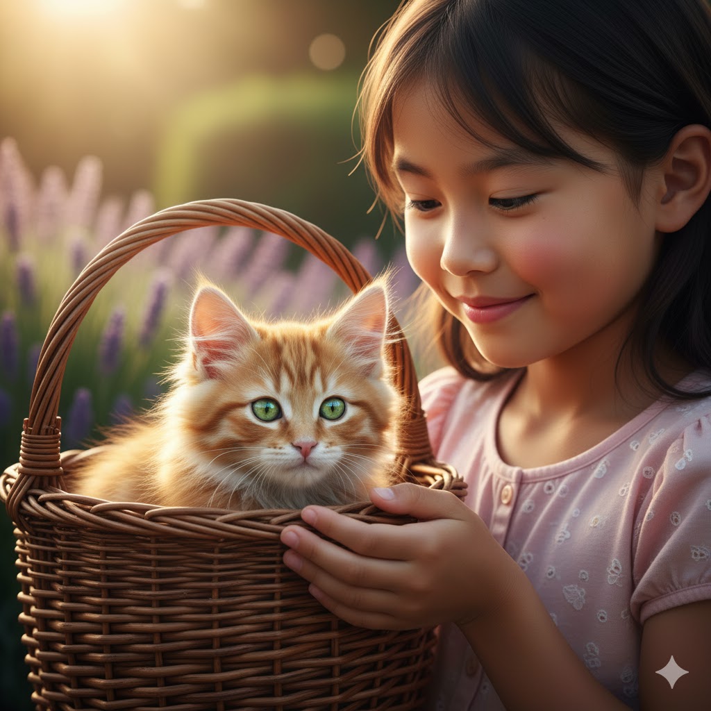 High resolution 8k, a stunningly realistic, cinematic photograph captures a tender moment: a fluffy, ginger tabby kitten with emerald green eyes, nestled within a rustic woven wicker basket, gently cupped in the delicate hands of a sweet-faced young Asian girl, perhaps 8 years old, her warm, soft smile radiating pure joy. The scene is bathed in a luxurious golden hour glow, casting long, soft shadows and creating a serene, heartwarming, and ethereal atmosphere, with exquisite, diffused natural rim lighting highlighting the delicate, individual strands of the kitten's soft ginger fur and the subtle blush on the girl's porcelain skin. The shallow depth of field perfectly isolates the subjects against a softly blurred, sun-dappled garden background featuring hints of blooming lavender and verdant foliage, rendered with meticulous detail, exceptional clarity, and hyper-realistic textures, reminiscent of the emotive portraiture style of Annie Leibovitz or Steve McCurry, emphasizing a sense of innocence and gentle connection.