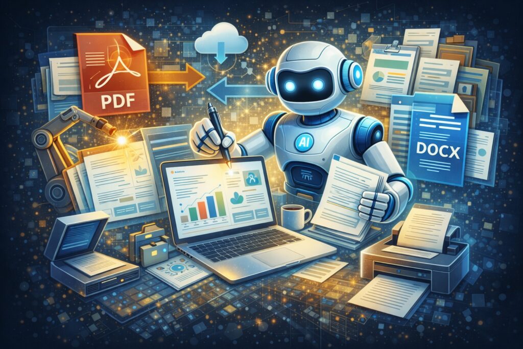 Professional document processing tool supporting PDF, DOCX creation, conversion, refinement, automation, and complete end-to-end document lifecycle management.
